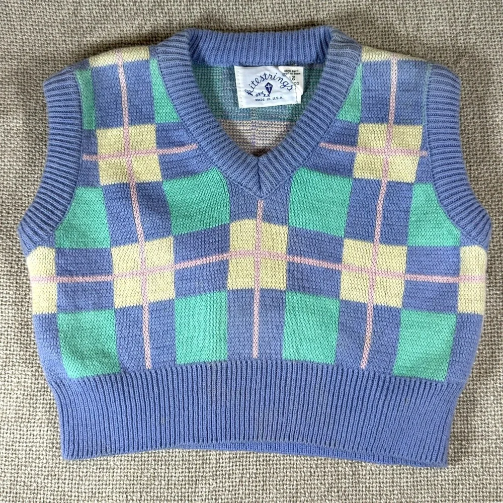 Vintage Kitestrings Baby 2pc Set‎ Plaid Sweater Vest Button Down Shirt Preppy